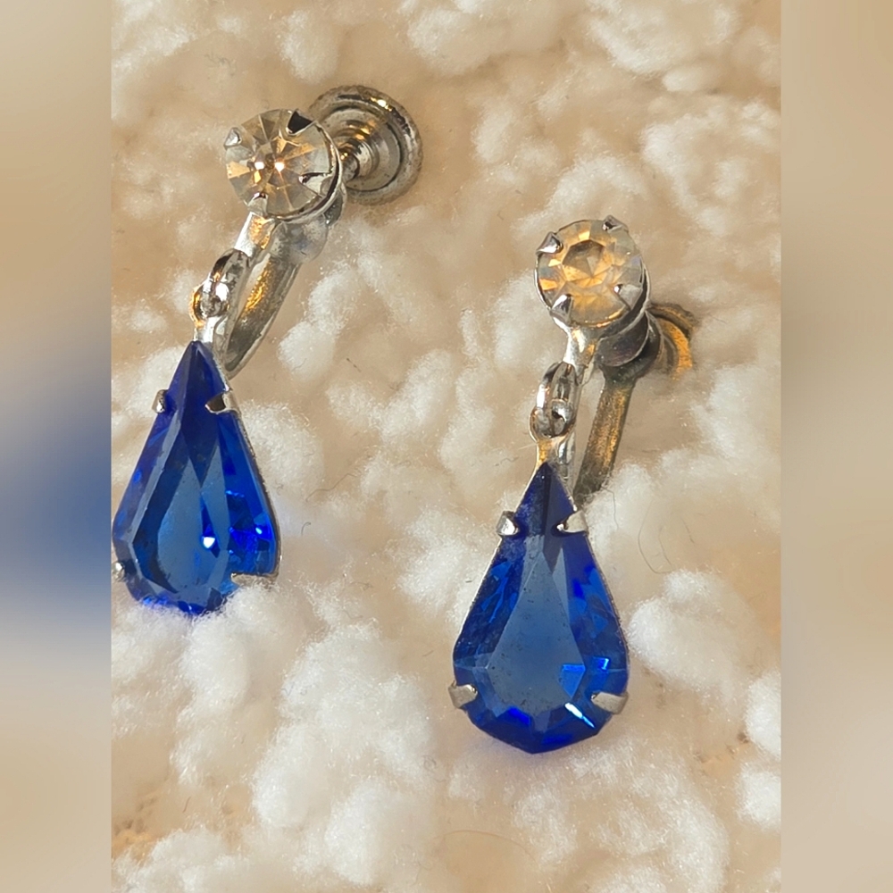 Vintage 1950 Silver Drop Earrings Blue & Clear Crystals Screw Back Mid-century
